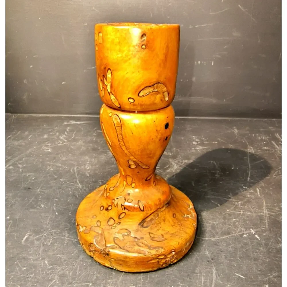 1995.  Burled Hand Turned Natural Wooden Candlestick Holder